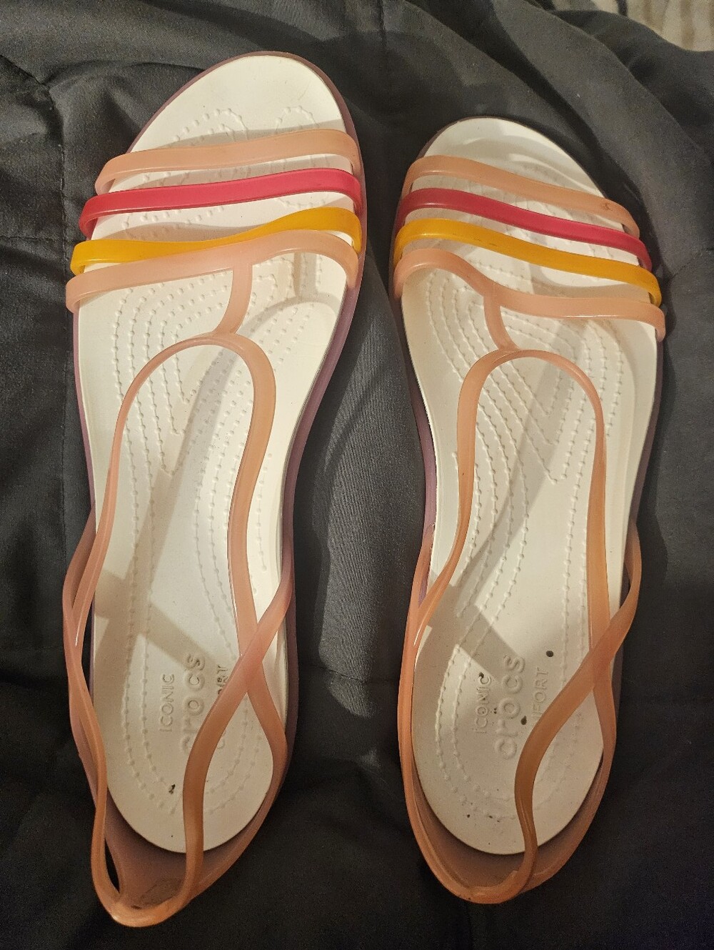 Crocs Women’s Multi-Color Strappy Jelly Sandals - White Insole Used Sz 10